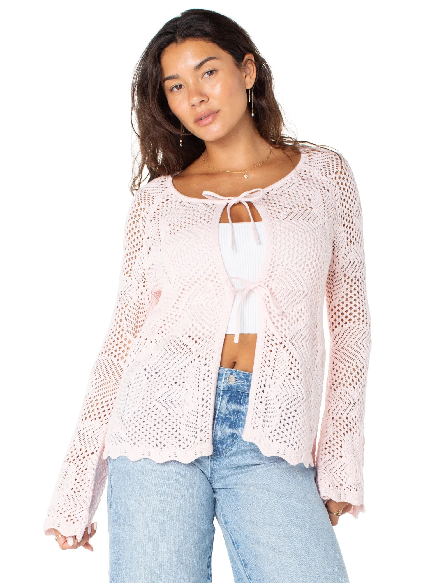 Celebrity Pink Women's Long Tie Front Crochet Cardigan, Sizes XS-XXXL | Walmart (US)
