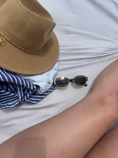 Vacation Outfit 🌊🐚🤍 perfect beach accessories 

90s sunglasses, fedora beach hat, striped oversized button up, beach accessories, beach vacation 

#LTKfindsunder50 #LTKtravel #LTKsalealert