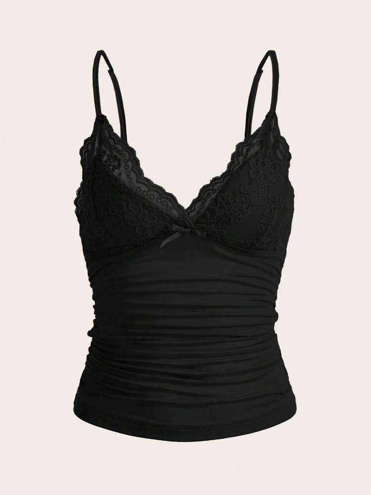 SHEIN ICON Elegant Solid Contrast Lace Ruched Y2k Cami Top | SHEIN