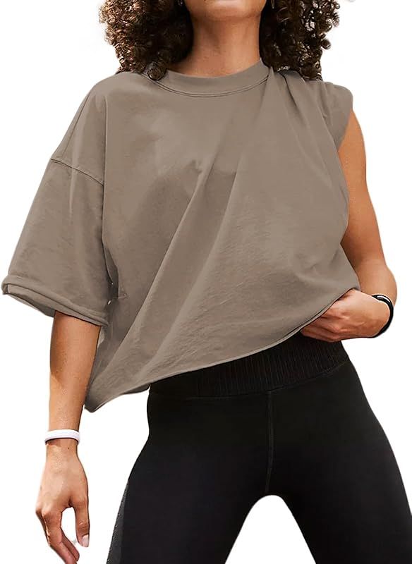 ELGOGY Women's Oversize Workout Crop Tops Short Sleeve Crewneck Drop Shoulder Boxy T Shirts Summe... | Amazon (US)