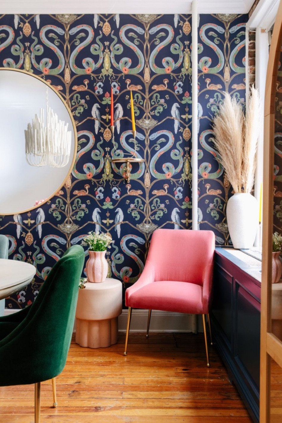 Dining room corner bold wallpaper dark dining room moody dining room anthro chairs rainbow chairs in dining room 

#LTKHome