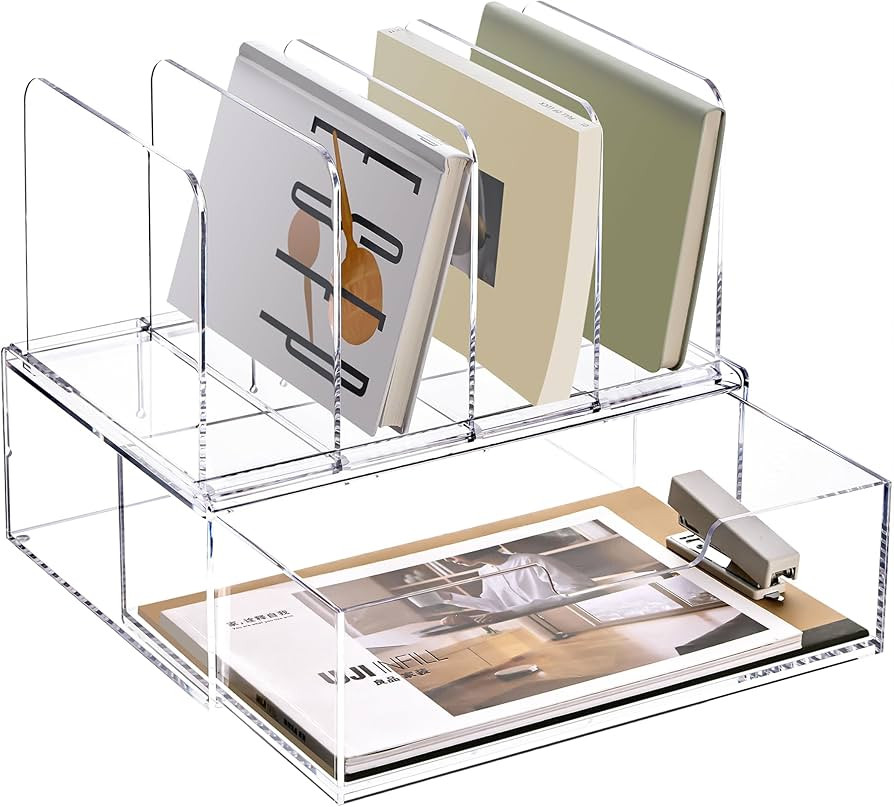 YUXUN Desk Organizer with Drawers, Acrylic File Organizer with 4 Vertical File Holders and 1 Slid... | Amazon (US)