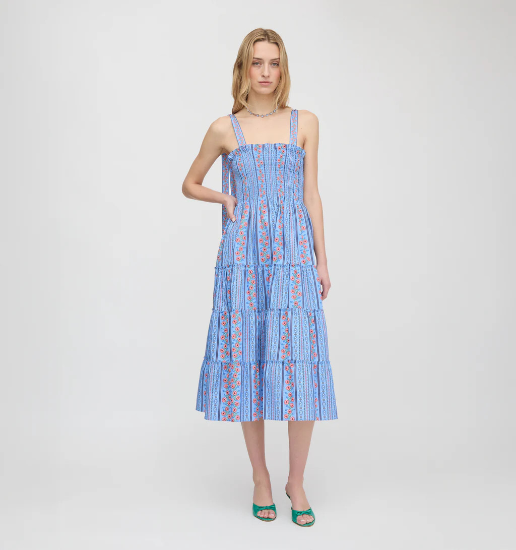 The Ribbon Ellie Nap Dress - Blue Floral Batik Stripe | Hill House Home US