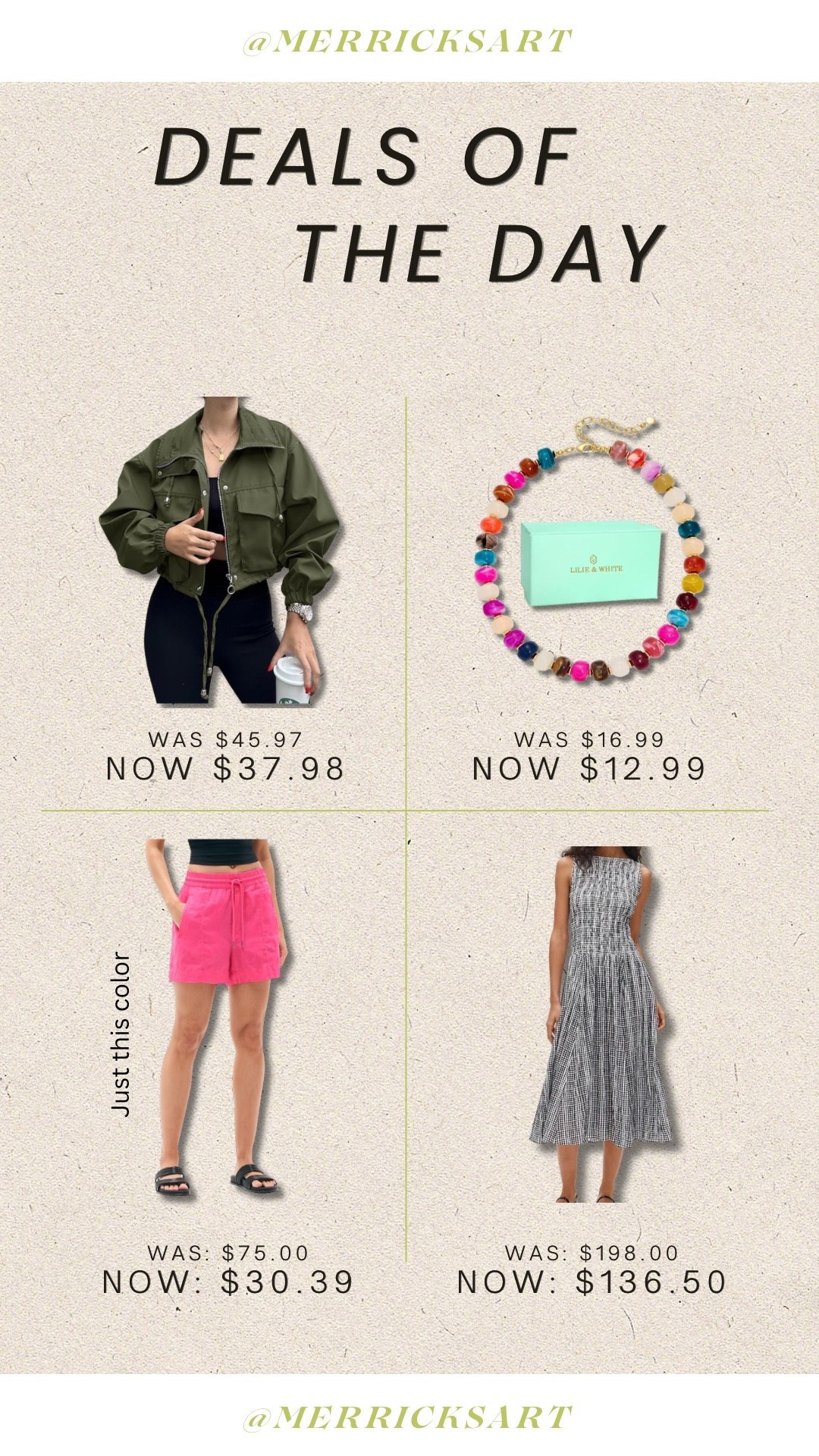 Four fantastic things on sale today!

The cutest bomber style rain jacket, the shorts version of our favorite linen pants, a perfect gingham summer dress, and a super pretty necklace.