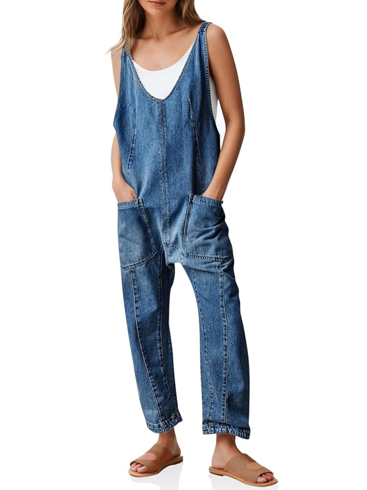 PLNOTME Women's Denim Overall Jumpsuits Sleeveless V Neck Adjustable Straps Jeans Long Pants Romp... | Amazon (US)