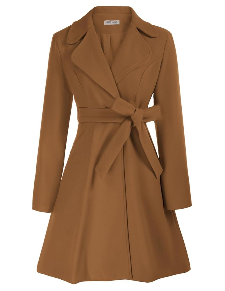 Kate Kasin Women A Line Peacoat Dress Coat Belted Notch Lapel Overcoat Fall Winter Trench Coats | Amazon (US)