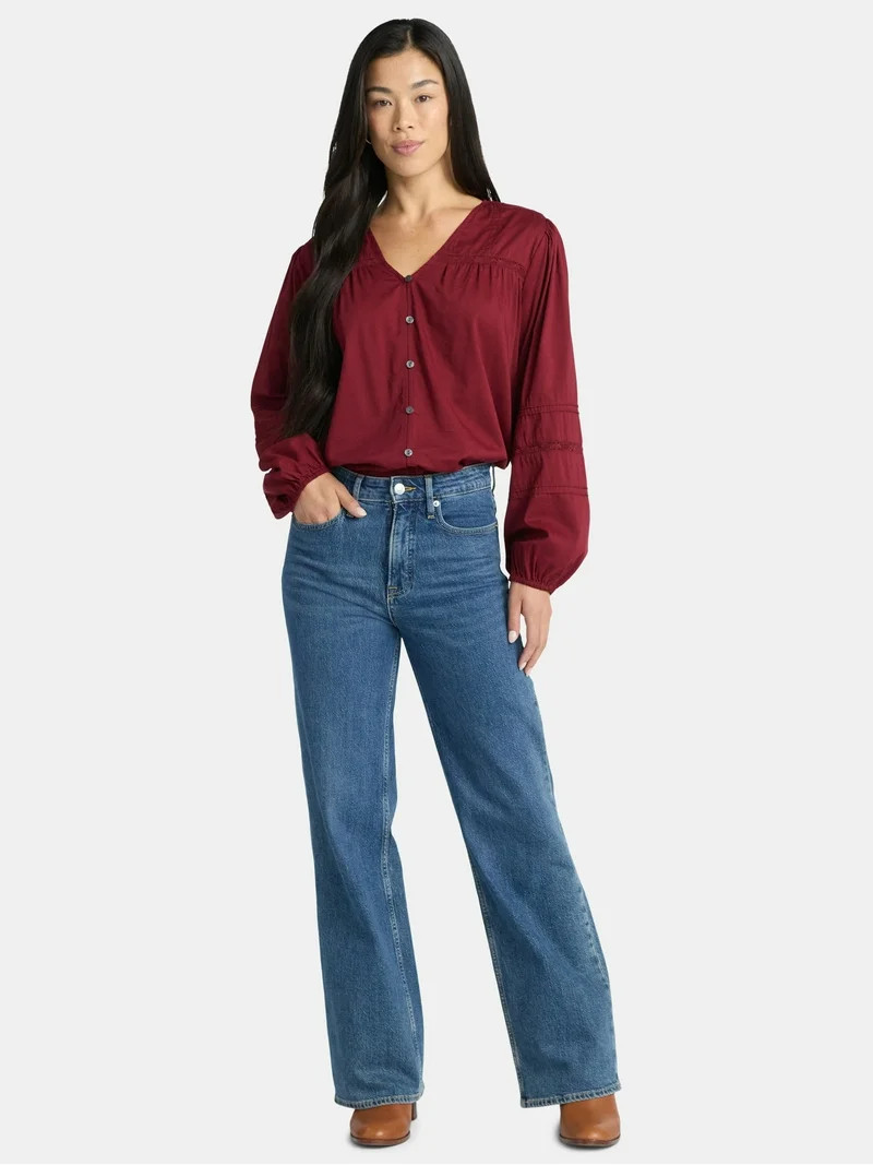 Time and Tru Women's Lace Inset Blouse with Long Sleeves, Sizes XS-XXXL | Walmart (US)