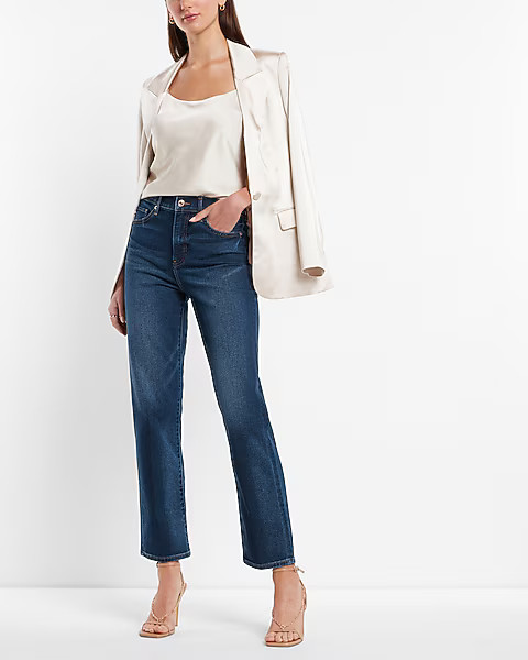 High Waisted Dark Wash Straight Ankle Jeans | Express