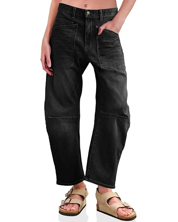 PLNOTME Womens Baggy Barrel Horseshoe Jeans High Waisted Wide Leg Vintage Denim Pants with Front ... | Amazon (US)