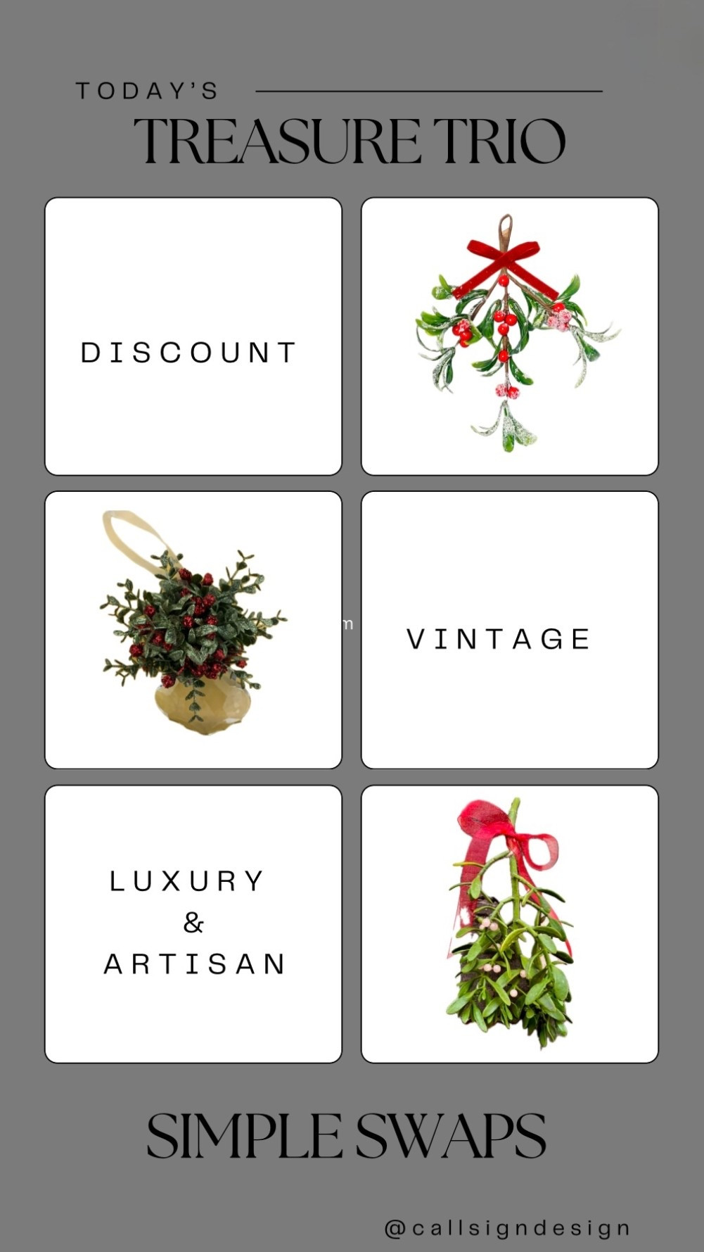 These beautiful mistletoe picks are perfect for adding a festive and romantic touch to your home. Shop now and get into the holiday spirit! 🎄✨

#Christmas #ChristmasDecor #WhiteChristmas #TraditionalChristmas #VintageChristmas #CallSignDesign #Vintage #Luxury #InteriorDesign #InteriorDecorating #Elegance #Chandelier #OldWorldCharm #DesignStyle #CastleCore #OldWorldCharm  #SimpleSwaps