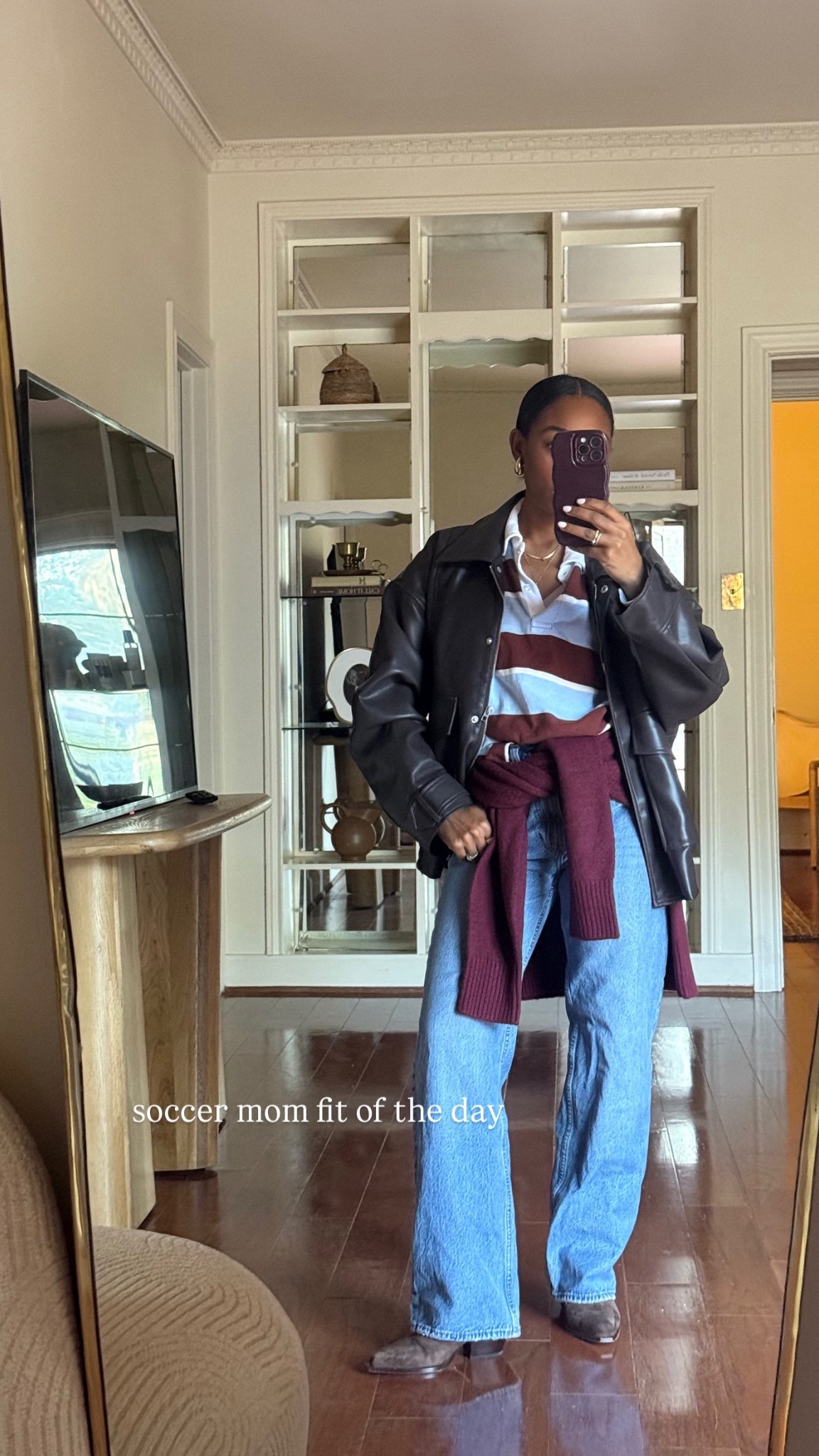 Faux leather jacket, rugby jacket, oversized sweater, relaxed jeans, suede boots 

#LTKmomlife #LTKootd #LTKPetite