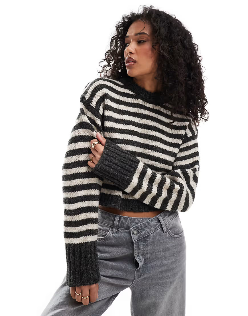 ASOS DESIGN crew neck jumper with chunky trims in grey stripe-Multi | ASOS (Global)