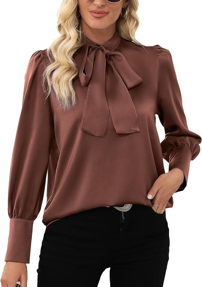 LYANER Women's Elegant Bow Tie Mock Neck Bow Knot Long Sleeve Work Office Satin Blouse Silk Shirt... | Amazon (US)