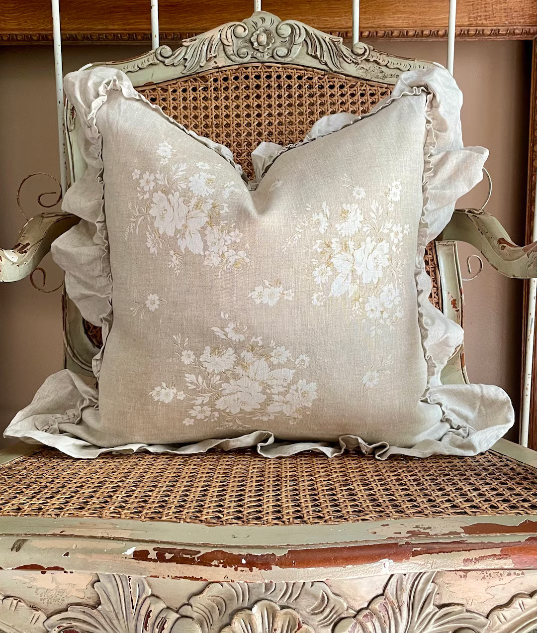 White and Beige Floral Ruffle Linen Pillow Cover, French Country Neutral Cushion, Shabby French A... | Etsy (US)