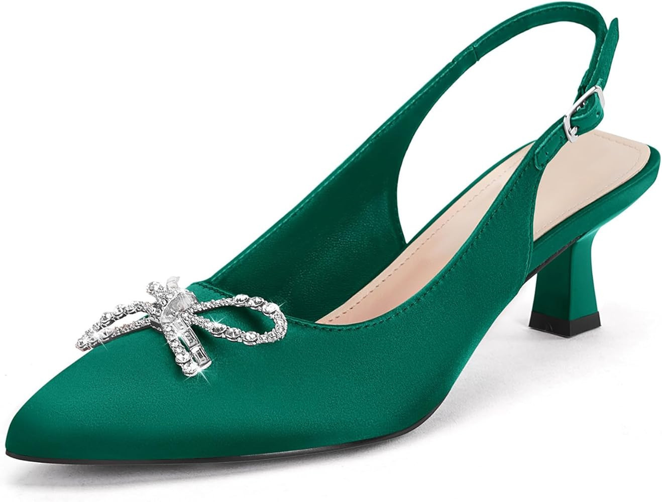 Coutgo Womens Kitten Heels Satin Pumps Slingback Pointed Toe Rhinestone Bow Wedding Dress Shoes | Amazon (US)