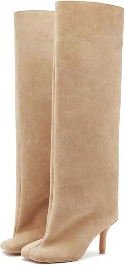 DOBOYG Suede Knee High Boots for Women Thigh High Boots Wide Calf Square Toe Stiletto Tall Boots | Amazon (US)