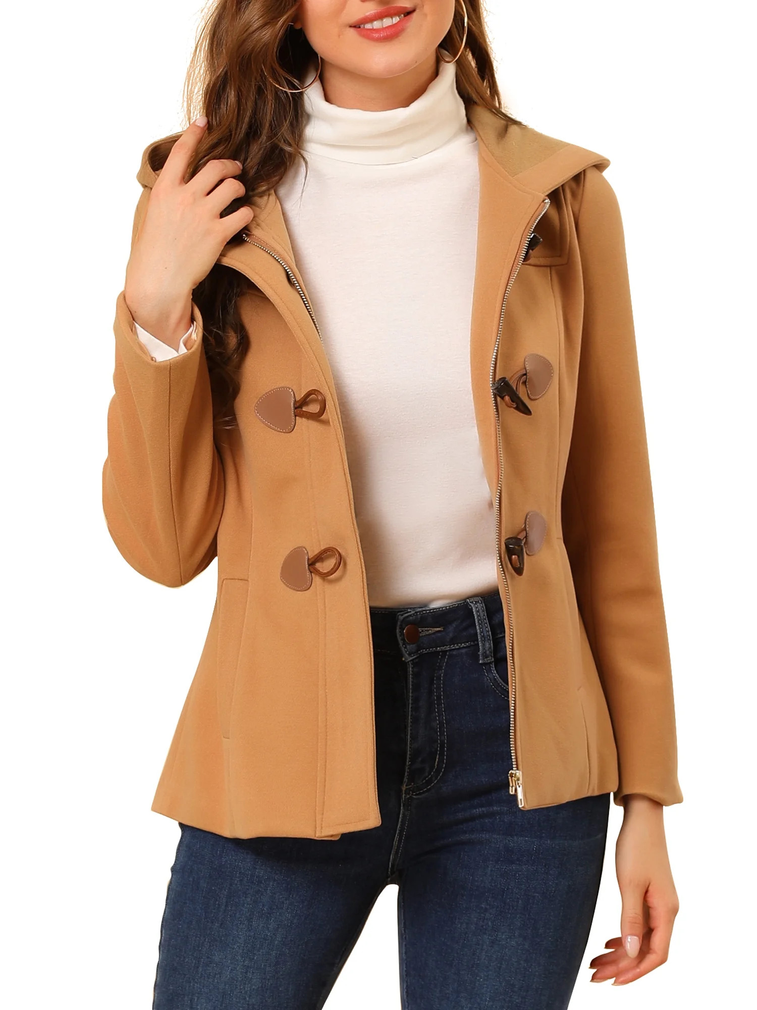INSPIRE CHIC Women's Toggle Duffle Coat Zipper Front Solid Cropped Hooded Anorak XS Brown | Walmart (US)