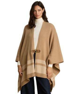 Lauren Ralph Lauren Women's Wool-Cashmere Two-Tone Buckle-Trim Poncho - Camel Multi | Macy's