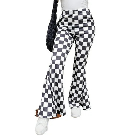 Vintage-Inspired Black Checkered Pants - High-Rise and Flared Style | [ZhiHiMeRi] | (US 8-10)M | Walmart (US)