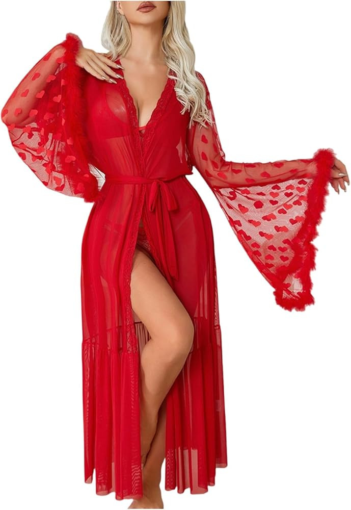 Women's Ruffle Trim Long Sleeve Belted Sheer Mesh Wedding Bride Robe Nightgown Sexy Floral Embroi... | Amazon (US)