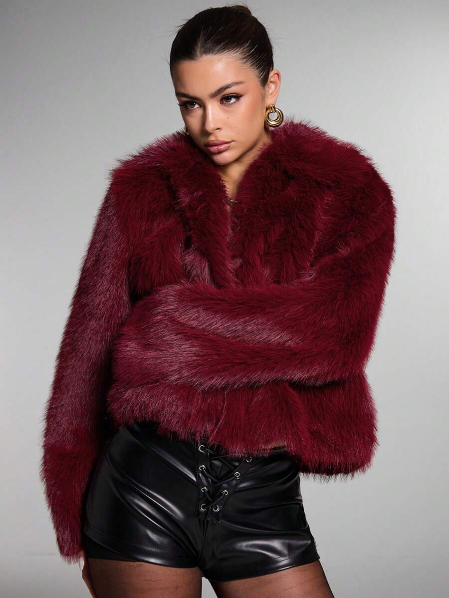 SHEIN BAE Women Vintage Burgundy Fur Coat Fluffy Solid Color Jacket, Autumn/Winter Vintage Burgun... | SHEIN