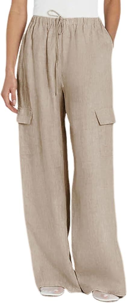 Xiaoxuemeng Womens Cotton Linen Wide Leg Pants Casual Elastic Waisted Cargo Pants with Pockets | Amazon (US)