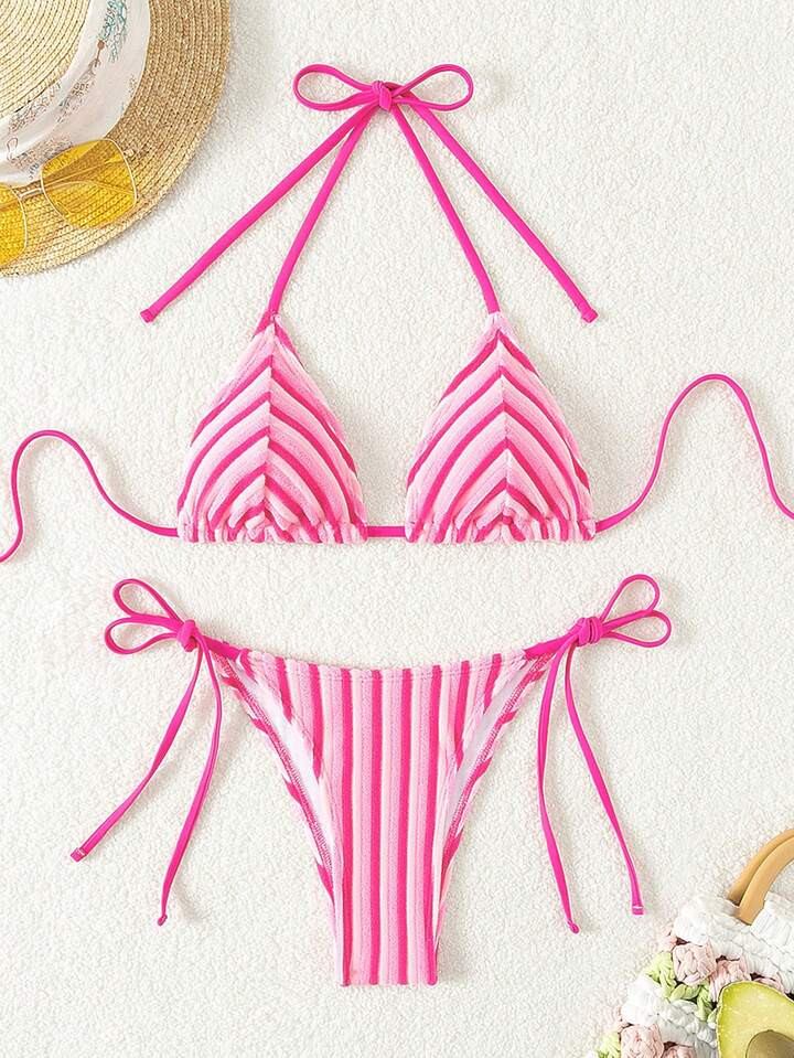Striped Halter Backless Cute Bikini For Women With Beach Strap, Swimwear Set For Summer | SHEIN
