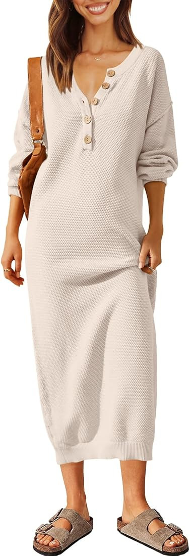 LILLUSORY Women Pullover Sweater Maxi Dresses 2023 Fall Long Sleeve Button V Neck Oversized Waffl... | Amazon (US)
