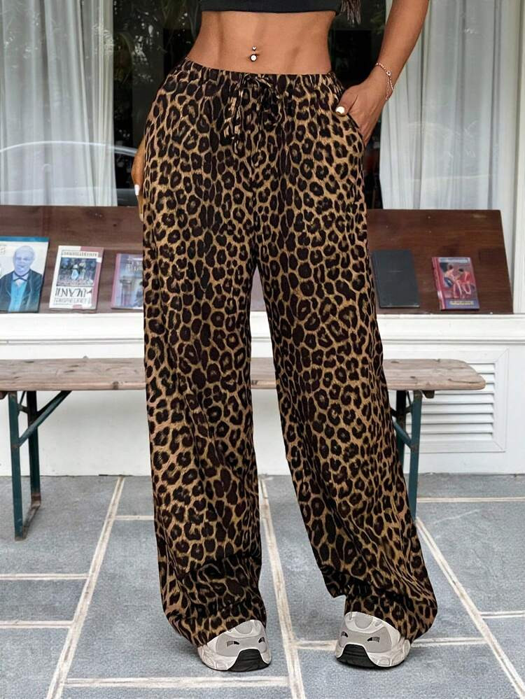 SHEIN EZwear Spring/Summer Casual Leopard Loose Straight Wide-Leg Pants For Street Style | SHEIN