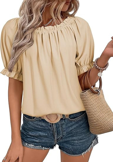 EVALESS Womens Tops Off The Shoulder Blouses for Women Dressy Casual Cute Puff Sleeve T Shirts Fa... | Amazon (US)