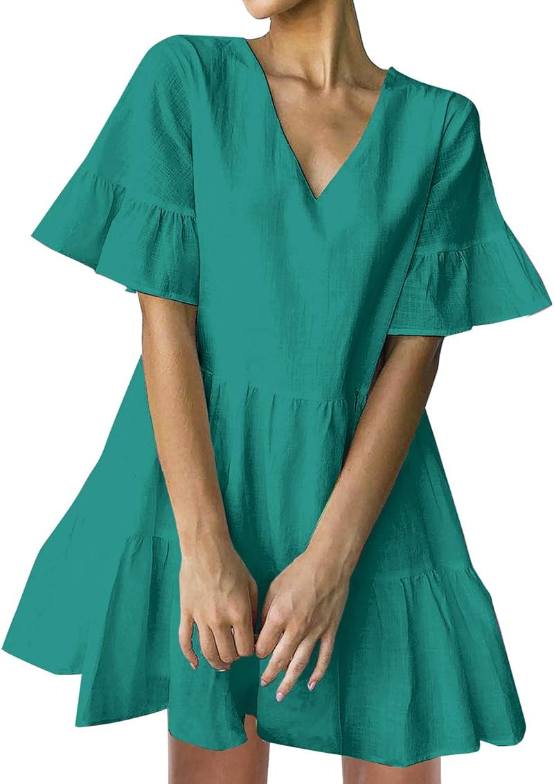 FANCYINN Women’s Cute Shift Dress with Pockets Bell Sleeve Ruffle Hem V Neck Loose Swing Tunic Mini  | Amazon (US)