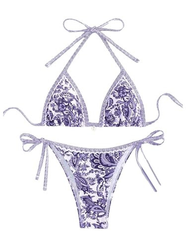 BYFINECANY Women's Floral Printed Bathing Suit Halter Paisley Summer Swimsuit Bikinis Set Purple S | Amazon (US)