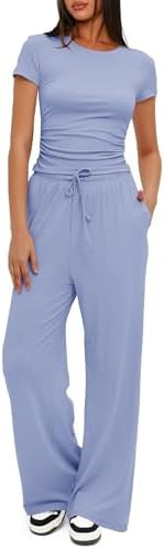 Darong Women's 2 Piece Set Outfits Lounge Sets Ruched Short Sleeve Tops High Waisted Wide Leg Pan... | Amazon (US)