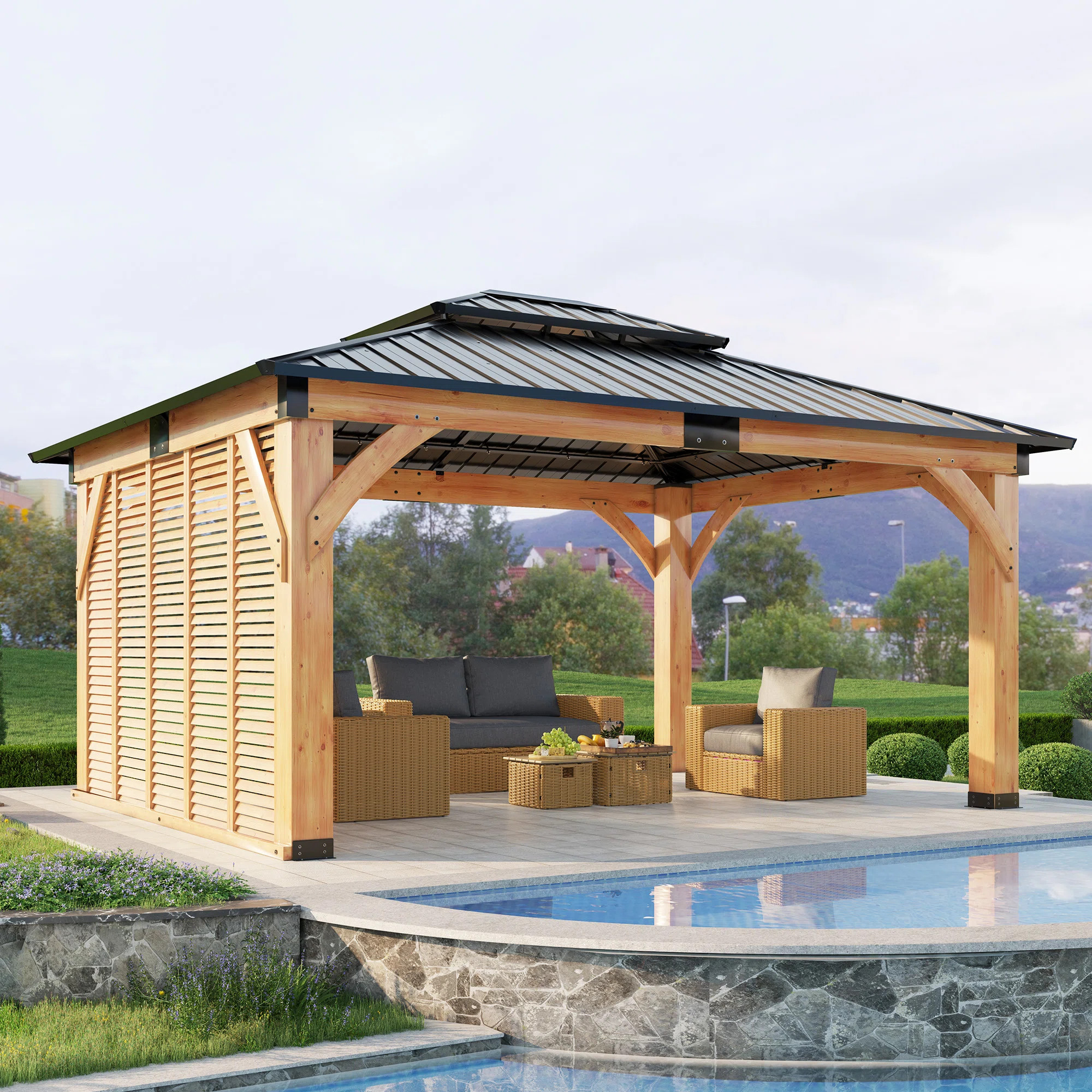 AMERLIFE Classic 11.8x13.7 Ft Solid Wood Gazebo,  Hardtop Gazebo With Privacy Wall, Outdoor Gazeb... | Wayfair North America