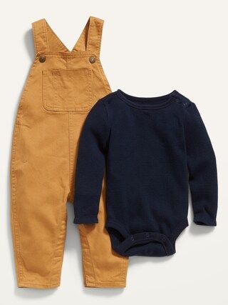 Unisex Long-Sleeve Thermal Bodysuit and Twill Overalls Set for Baby | Old Navy (US)