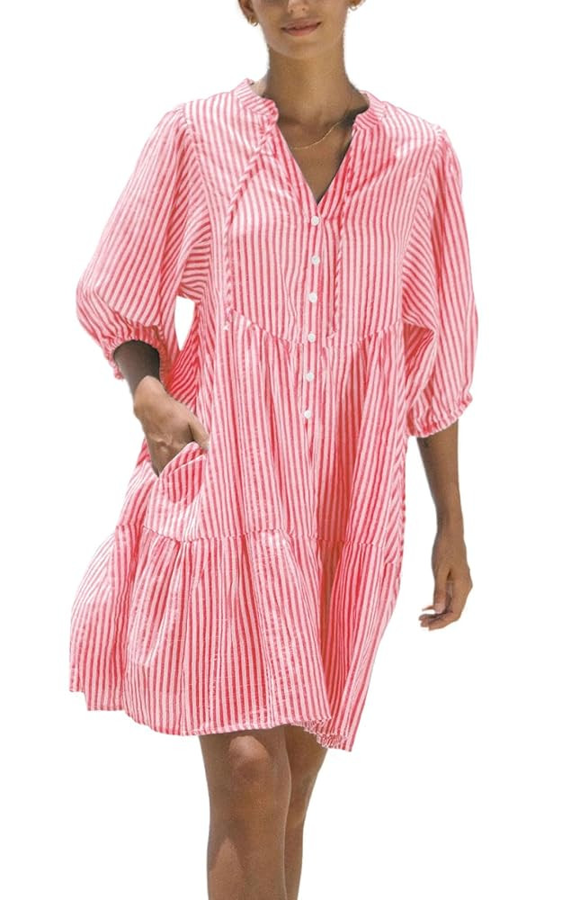 chouyatou Women's Summer V-Neck Casual Striped Midi Shirt Dress Tiered Boho Beach Tunic Babydoll ... | Amazon (US)