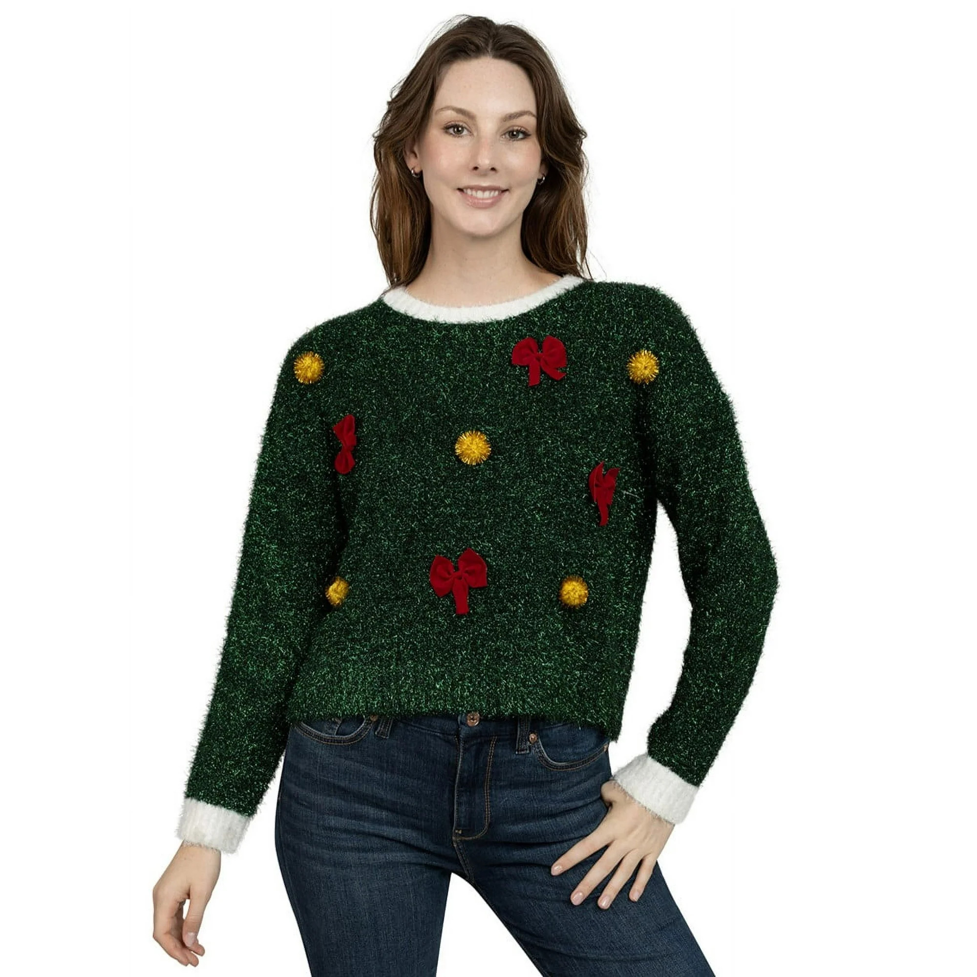 Jollidays Women's Sparkling Tinsel Ugly Christmas Sweater - Walmart.com | Walmart (US)