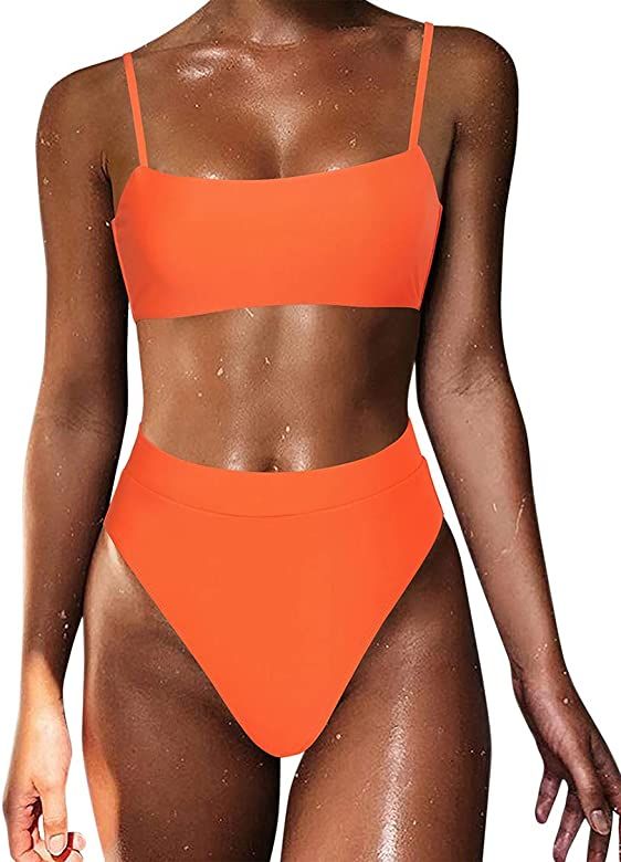 MOSHENGQI Women High Wasited Bikini Shoulder Strap 2 Piece High Cut String Swimsuits | Amazon (US)