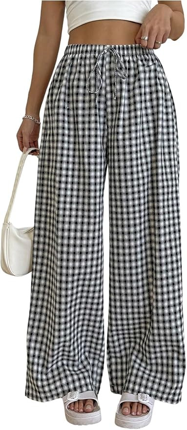 Verdusa Women's Gingham Plaid Wide Leg Pants Streetwear Casual High Rise Baggy Trousers | Amazon (US)