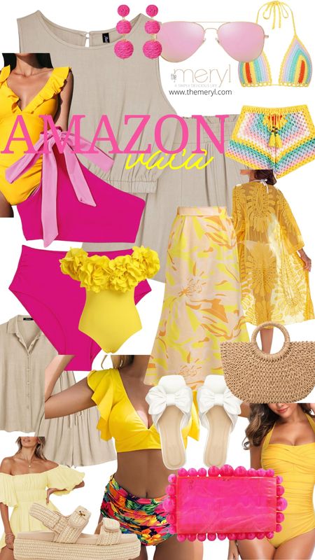 Fun, bright Amazon vacation and resortwear. I love the pink and yellow combination that can be easily mixed and matched. Crotchet 2 piece. Ruffle one piece. Khaki shorts set. Raffia sandals. Now slides. Pink summer clutch. Pink sunglasses. Crochet beach pool bag. Travel outfit.  

#LTKTravel #LTKStyleTip #LTKSwim