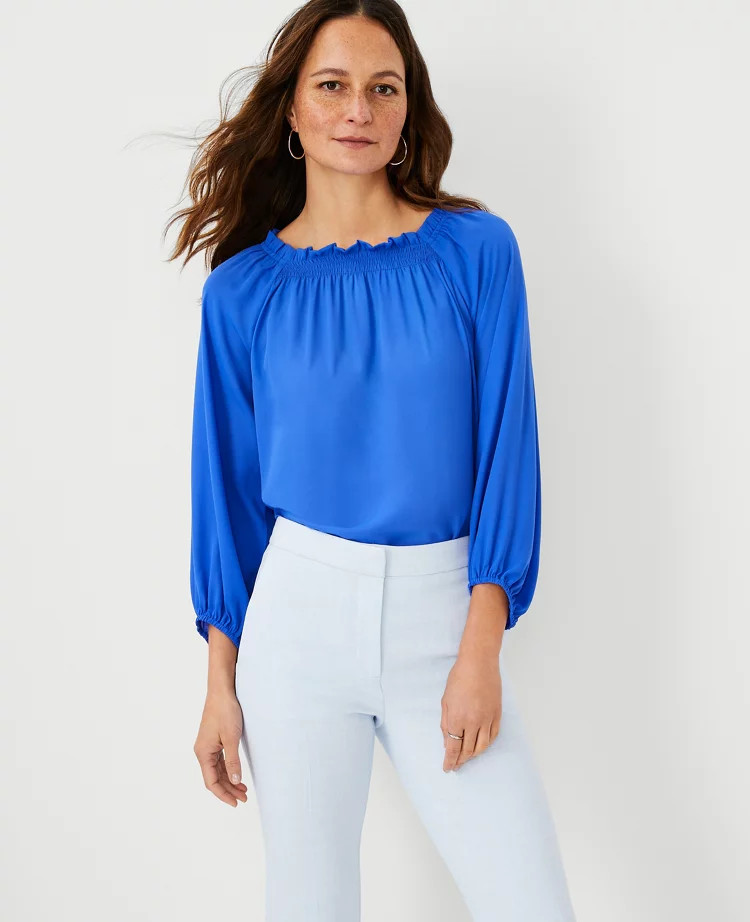 Mixed Media Smocked Neck Top | Ann Taylor (US)