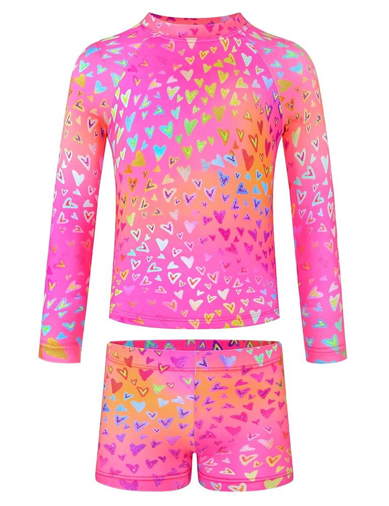 TENVDA Girls Rash Guard Swimsuit Long Sleeve Bathing Suits with Shorts for 3-12 Years Old Kids | Amazon (US)