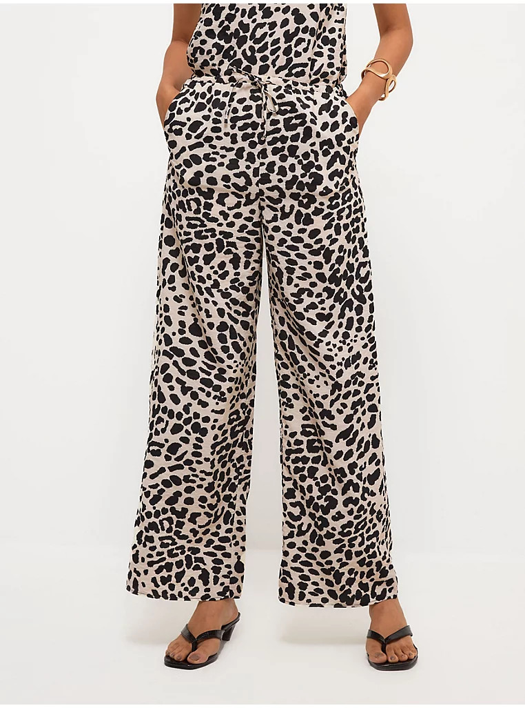 Cream Animal Print Wide Leg Trousers | George