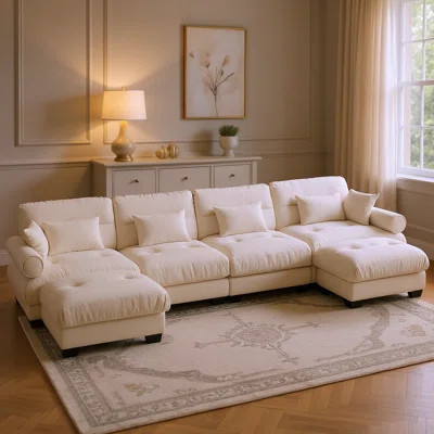 166" Oversized U-Shaped Modular Velvet 4 Seat Sectional Sofa with Ottoman, Cream | Wayfair North America