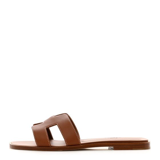 HERMES Box Calfskin Oran Sandals 37.5 Gold | FASHIONPHILE (US)