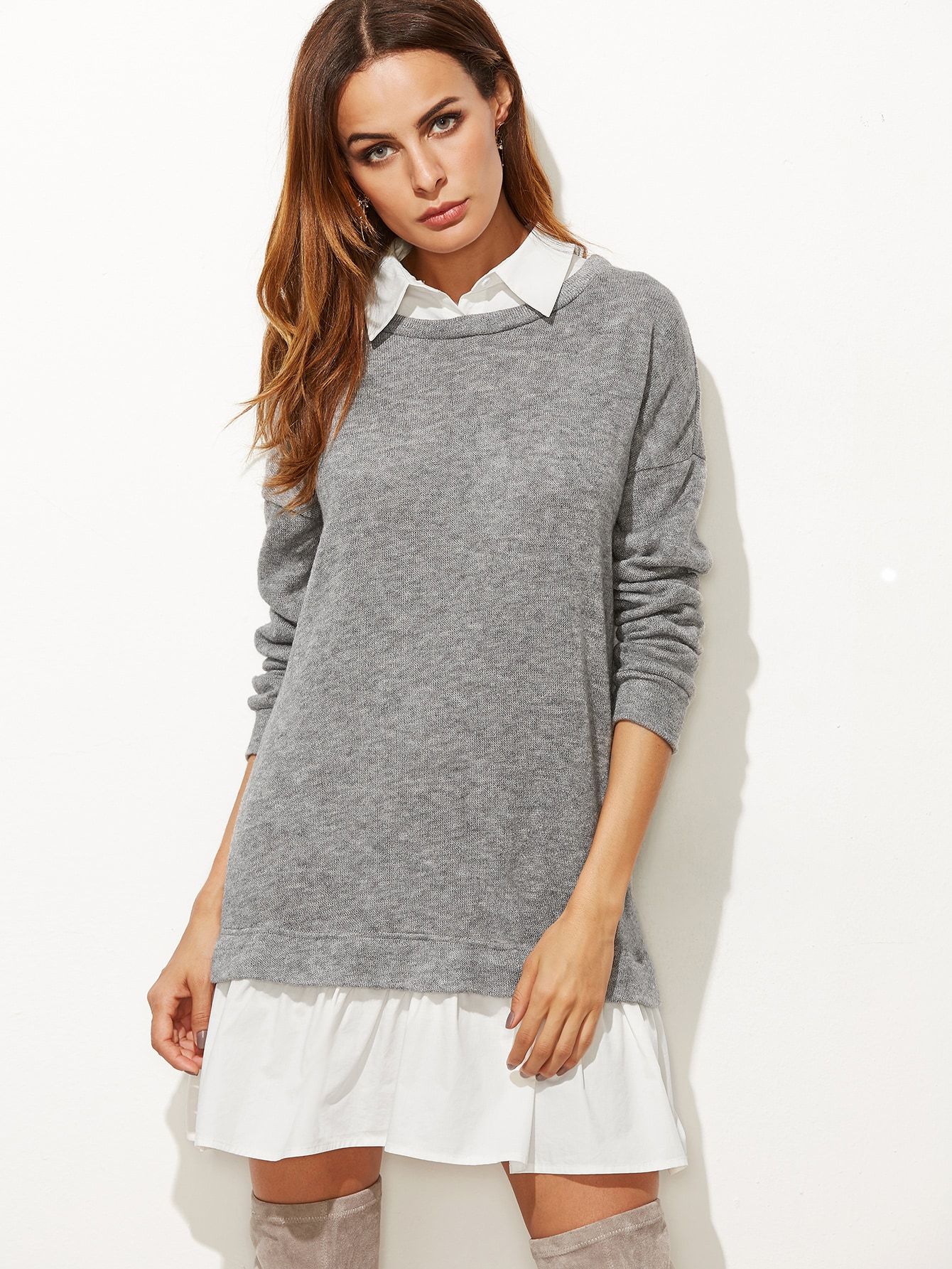 Heather Grey Contrast Collar And Hem 2 In 1 Sweatshirt Dress | ROMWE
