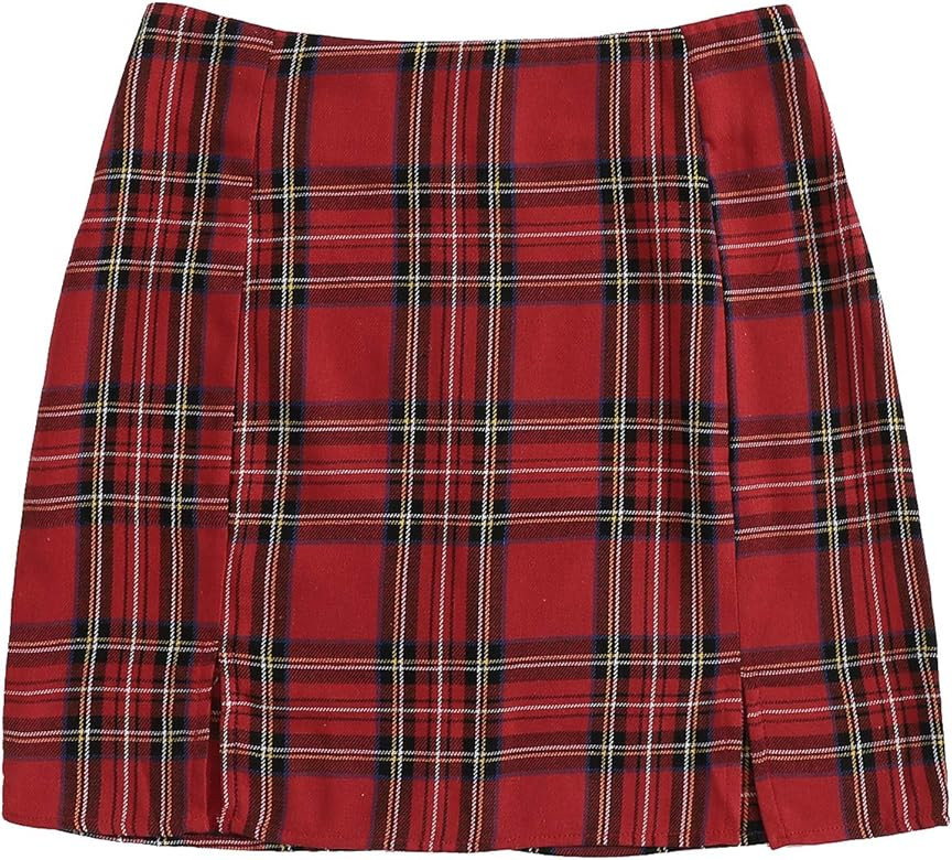WDIRARA Women's Plaid Skirt High Waist Split Front Zip Up Mini Bodycon Skirt | Amazon (US)
