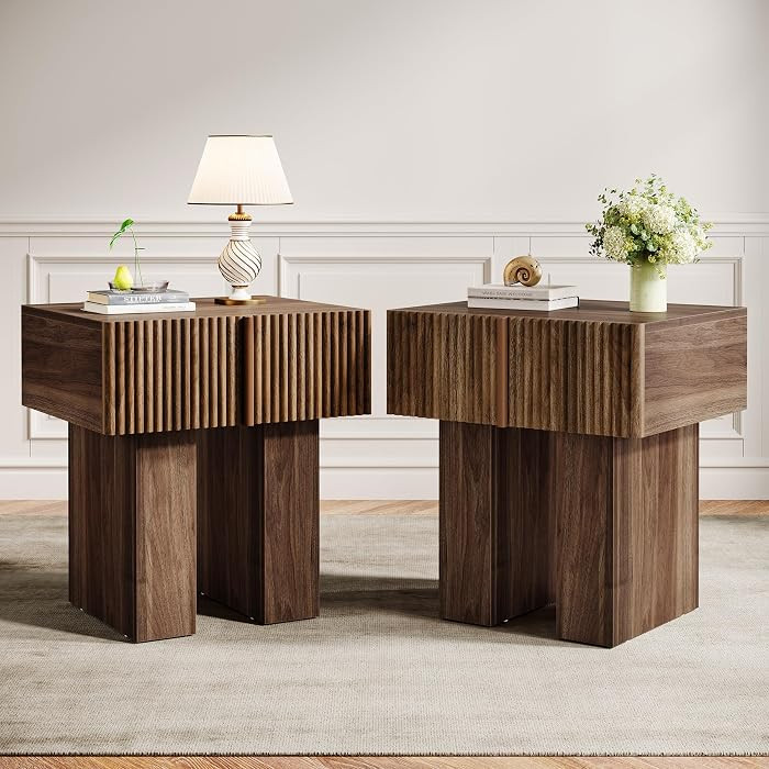 Tribesigns Modern Nightstand Set of 2, Fluted Night Stand with Storage Drawer, Wooden Bedside Tab... | Amazon (US)