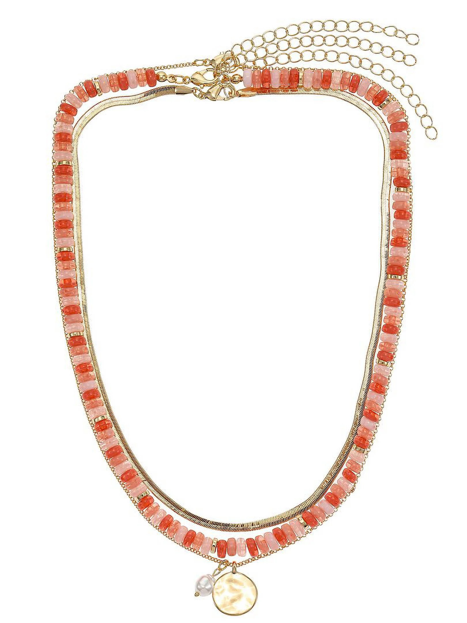 Time and Tru Women's Gold Tone Chain and Beaded Necklace Set, Pink and Coral, 3 Pieces | Walmart (US)