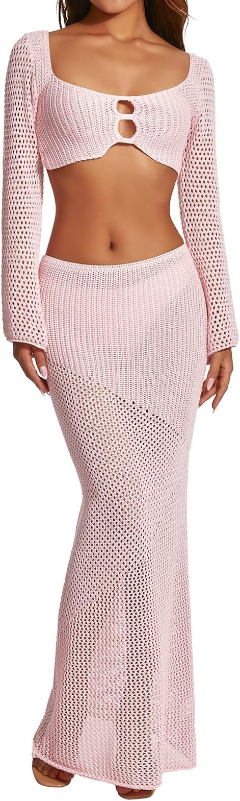 Women Sexy Two Piece Maxi Skirt Set Y2k Sheer See Through Long Sleeve Crop Top and Low Rise Long ... | Amazon (US)